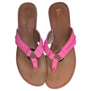 Lilly Pulitzer McKim Pink Tropics Leather T-Strap Sandals Size 6.5 - Nearly New